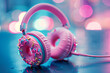 Pink donut headphones on colorful bokeh background
