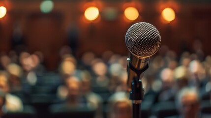 A microphone set against a bokeh audience hinting at the start of an important event or announcement