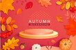 Autumn banner with promotion 3d podium among colorful fall leaves,rowanberries,acorns,pumpkins for display new products.Round pedestale for seasonal offers,promo,presentation,shopping template.Vector