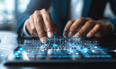 Poster - business executive analyzing digital marketing data on tablet, laptop: financial reports, business g