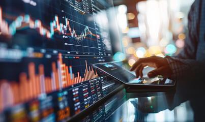 Poster - Businessman Analyzing Economic Sales Data on Tablet, Financial Growth Charts - Business Planning, Investment Strategy