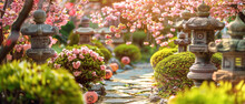 Serene Japanese Garden Filled With Cherry Blossoms, Stone Lanterns, And Lush Greenery Under A Clear Sky.