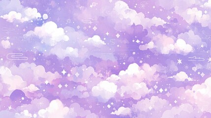 Wall Mural - A pattern of white clouds in the sky, purple background, Japanese watercolor, cute, simple.