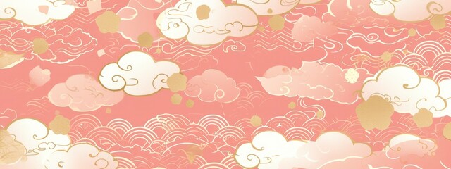 Wall Mural - Clouds pattern, pink background with white cloud patterns and gold decoration, in the Japanese style.