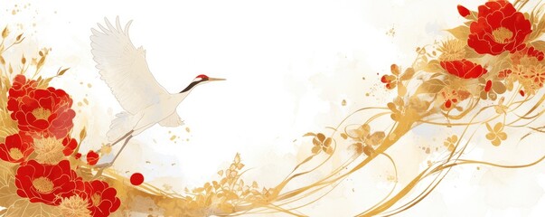 Wall Mural - golden patterns and red flowers. A Japanese style patterned white crane flying in the sky in the style of traditional Chinese decorative borders on both sides of a simple watercolor style