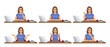 Beautiful business woman wearing bright clothes using laptop computer sitting at the desk in different poses set isolated vector illustration