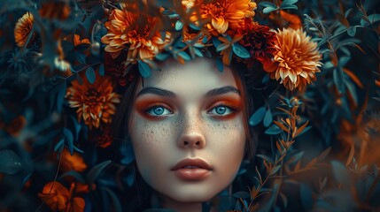 Dreamy Visions: Portraits of Imagination, girl face surrounded by flowers