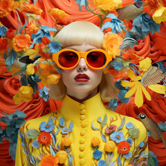 Wall Mural - Pop art fashion photoshoot. Beautiful blonde model, elaborate outfit, makeup and glasses. Square frame.