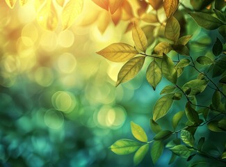 Wall Mural - Close-up of green leaves with sunlight in the background