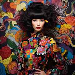 Wall Mural - Pop art fashion photoshoot. Beautiful asian model, elaborate outfit, makeup. Square frame.