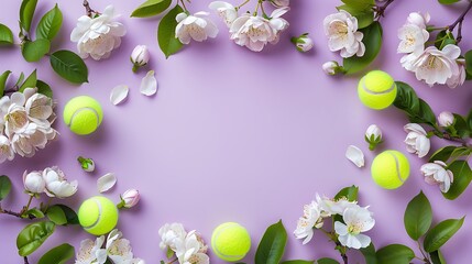 Wall Mural - Tennis ball and pretty flowers, copy purple banner background with space,テニスボールと可愛い花、コピー スペースのある紫のバナーの背景,Generative AI