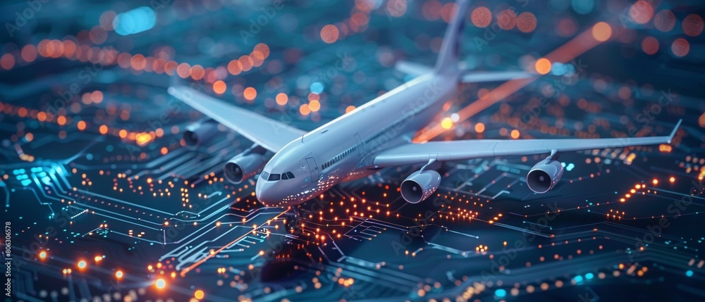 Advanced aviation technology visualized as an airplane merging with a ...