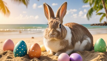 Wall Mural - easter vacation concept cute bunny and colorful eggs on a tropical sandy beach