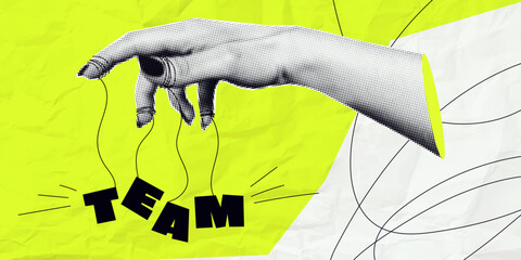 A trending banner with a cool team management concept. Halftone puppeteer hand controls team. Contemporary collage on background with crumpled paper. 