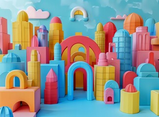 Wall Mural - A 3D illustration of a colorful cityscape with geometric shapes and pastel colors