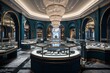 Luxury Jewelry Store Interior with Sophisticated Glass Displays Filled with Precious Stones and Metals