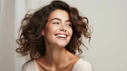 Wall Mural - Beautiful young woman with toothy smile and brunette curly hair