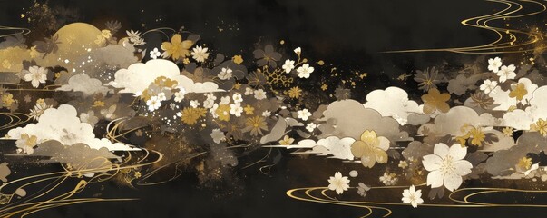 Wall Mural - A Japanese ink painting style illustration of white clouds, gold and silver flowers