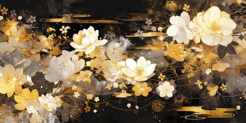 Wall Mural - a japanese ink painting style illustration of white clouds, gold and silver flowers