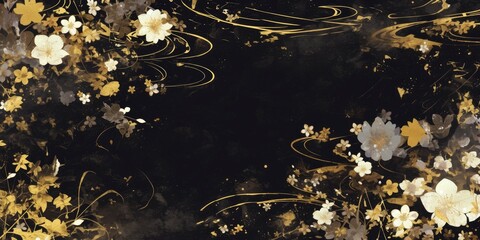 Wall Mural - A Japanese ink painting style illustration of white clouds, gold and silver flowers