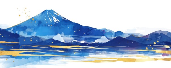 Wall Mural - A simple illustration of Mount Fuji and the ocean in blue, with a white background and gold lines. Digital art in the traditional Japanese style, with simple graphic design and watercolor.