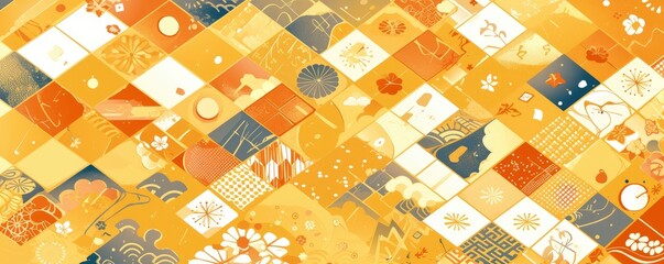 Wall Mural - A yellow background with Japanese patterns and a checkered pattern. traditional geometric designs, squares, circles, triangles in a seamless repeating pattern.