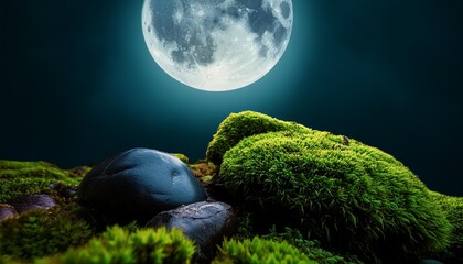 Wall Mural - captivating scene at night featuring verdant moss covered rocks under a large luminous moon 3d render