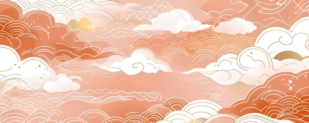 Wall Mural - Clouds pattern, pink background with white cloud patterns and gold decoration, in the Japanese style.
