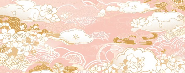 Wall Mural - Clouds pattern, pink background with white cloud patterns and gold decoration, in the Japanese style.