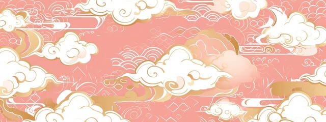 Wall Mural - Clouds pattern, pink background with white cloud patterns and gold decoration, in the Japanese style.