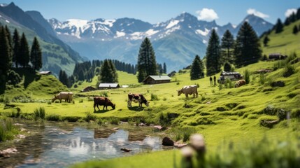 Wall Mural - Grazing Cows in a Lush Green Alpine Meadow with Mountain Peaks in the Distance