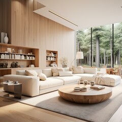 Wall Mural - Bright and Airy Living Room With Modern Furnishings and Forest Views