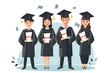 © AnaWein - Cheerful young graduates flat illustration in mortarboards and bachelor gowns with diploma. Graduation ceremony concept in vector style. Congratulation the graduates in University.