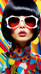 Wall Mural -  Pop art fashion photoshoot. Beautiful asian model, elaborate outfit, makeup and glasses. Vertical banner, tiktok or instagram story