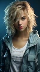 Wall Mural - Portrait of a young woman with short blonde hair and blue eyes wearing a white shirt and blue jacket