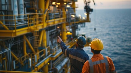 two oil rig workers inspecting equipment, one pointing at a component, emphasizing teamwork and atte