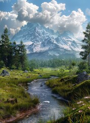 Canvas Print - majestic snow capped mountain landscape with river flowing through valley