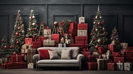 Poster - A living room with a couch, Christmas trees, and a lot of presents