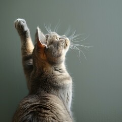 Wall Mural - A cat reaching up with its paw against a solid green background