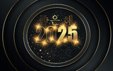 Fototapeta Tęcza - 2025년 새해 복 많이 받으세요. 금색과 검정색으로 검정색 배경에 4개의 금색 원에 빛나는 별이 있는 카드나 배너