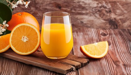 Wall Mural - glass of orange juice on wooden table