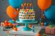 A birthday cake with colorful balloons and confetti.