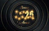 Fototapeta Tęcza - carte ou bandeau pour souhaiter une bonne année 2025 en or et noir avec des étoiles scintillantes dans quatre cercles or sur un fond noir