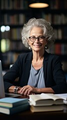 Wall Mural - Portrait of a smiling senior female professor sitting at her desk in a library