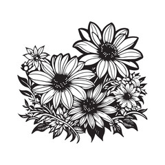 Wall Mural - Flowers vector black and white flat design line art. White background.