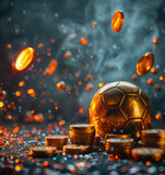 Fototapeta  - golden soccer ball on with con stack in soccer stadium. ready for win in online casino - game in the midfield.