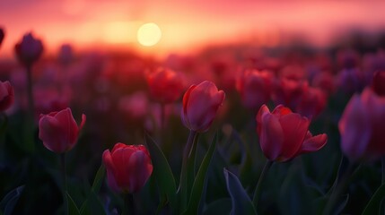 A breathtaking view of red and pink tulips set against a vivid sunset, emitting warmth and serenity