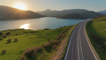 Wall Mural - asphalt highway road and blue lake with green grass nature landscape at sunset