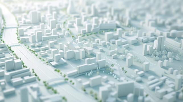 3D rendering of a white Map scene with City roads and Buildings