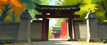 Entrance Gate To Asian Temple In Lush Maple Forest, Clever Painterly Style Illustration With Thick Brush Stroke Texture. Illustration. Generative AI